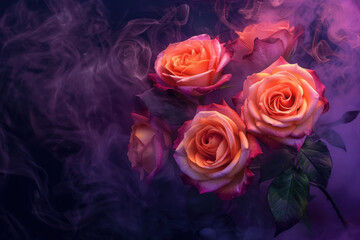 captivating bouquet of roses surrounded by violet smoke in a moody setting, halloween theme 