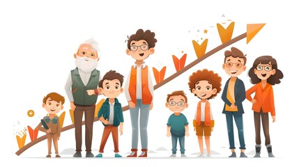 Fototapeta premium kids, mother, father, grandparents, young people, under a growing arrow. world population day, population and growth, different age limits of people, cartoon illustration