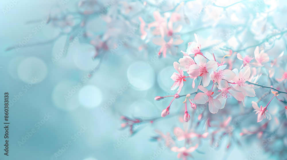 Poster Beautiful soft spring background Pink flowers on cherry tree branch on blue and pearl pastel background soft focus macro Expressive artistic image of spring nature ultra wide format Co : Generative AI