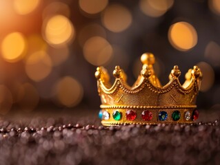 Obraz premium golden crown with gemstones on a sparkling background - royalty concept.