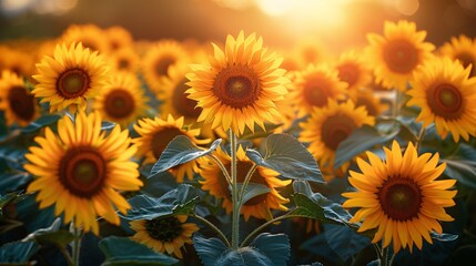 Obraz premium Wooden table with sunflowers in a field at sunset.