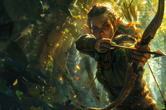 A vibrant illustration of an elf ranger drawing their bow, with keen eyes focused on a distant target, set in a dense forest with sunlight filtering through the trees
