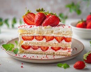 Layered strawberry yogurt meringue cake, sliced, topped with strawberries, kitchen counter, soft daylight, closeup shot, straighton view