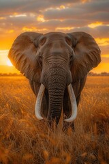 Majestic elephant in savanna, sunset lighting, low angle shot, wide landscape, warm hues, natural...