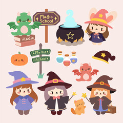 Cute Magic School Characters and Elements Illustration. Adorable Witch and Magical Creatures Collection. Kawaii Cartoon Scene with Witches, Potions, and Dragons