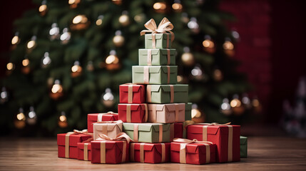 Different Christmas boxes with red ribbon bows on the Christmas tree background
