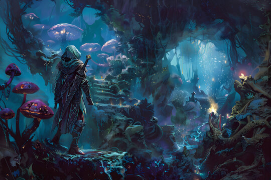 A detailed illustration of a drow ranger navigating through the Underdark, with glowing fungi and dangerous creatures, set in a dark, subterranean environment