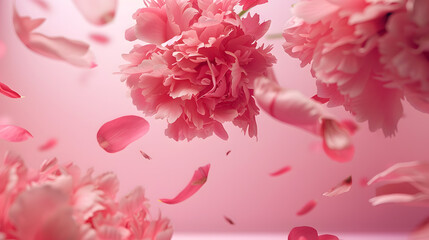 Flying peonies flowers with falling petals at pink background Floral levitation concept Front view Horizontal : Generative AI