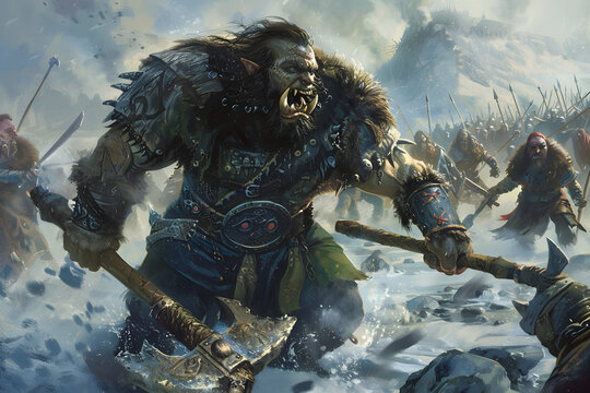 A detailed illustration of a half-orc barbarian leading a charge in battle, with a fierce roar and a massive axe, set in a war-torn battlefield 