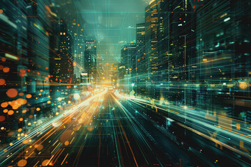 Financial chart graph shining in the city with business and blurred night scene in the background.