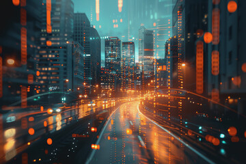 Obraz premium Financial chart graph shining in the city with business and blurred night scene in the background.
