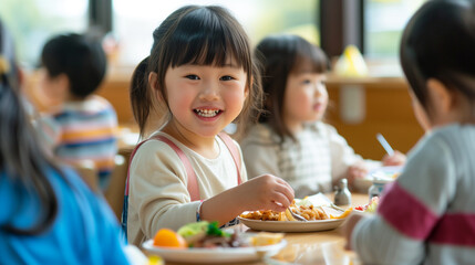 食堂で食事をとっている楽しそうな様子の日本人の子ども