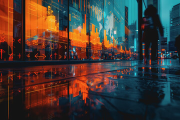 Fototapeta premium Financial chart graph shining in the city with business and blurred night scene in the background.