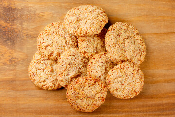 Homemade peanut butter cookies baked on wooden table