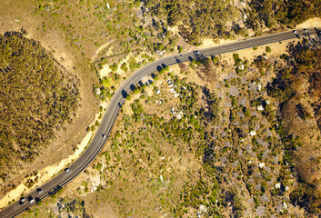 Fototapeta premium Aerial view, city and nature of trees, location and destination for vacation, explore and travel. Tourism, forest and adventure in Helsinki, Finland and road trip for holiday and journey and above
