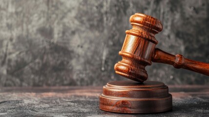 Wooden gavel on sound block, symbolizing justice and law