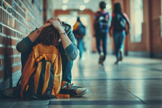 Bullying at school and high school. Upset bullied teen boy suffering sitting against the school locker on the floor in the school corridor.