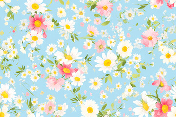 Fototapeta premium A delightful seamless pattern of white and pink daisies with green leaves on a light blue background.