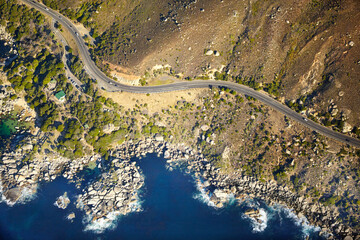 Aerial view, city and nature of beach, location and destination for vacation, explore and travel....
