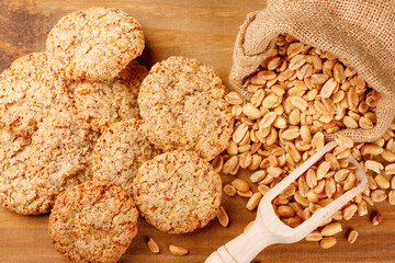 Homemade peanut butter cookies baked on wooden table