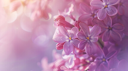 Beautiful Wide Angle soft spring background with lilac flowers Panoramic pastel floral pink and...