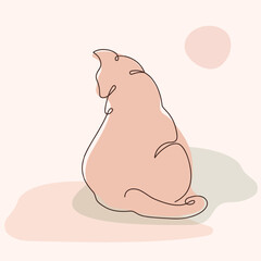Vector Illustration with one continuous line of  cat. A modern collage with free-form spots in pastel colors.