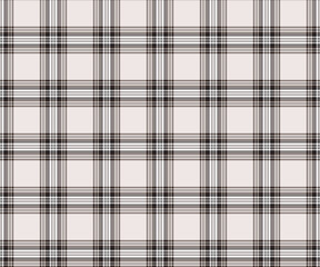 Plaid fabric pattern, white, brown, black, seamless for textiles, and for designing clothing, skirts, pants or decorative fabric. Vector illustration.