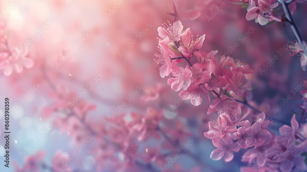 Poster Spring cherry tree in bloom creative layout Sakura pink flowers in springtime background Beauty in nature Design element Top view flat lay : Generative AI