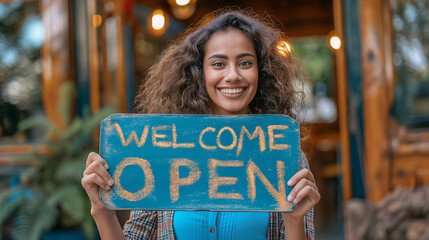 woman holding a sign of Welcome
