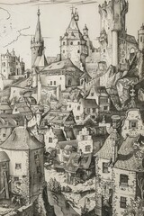 Obraz premium Charm of an old engraving town, history comes to life through intricate details and timeless architecture, the past with its rustic beauty and nostalgic ambianc