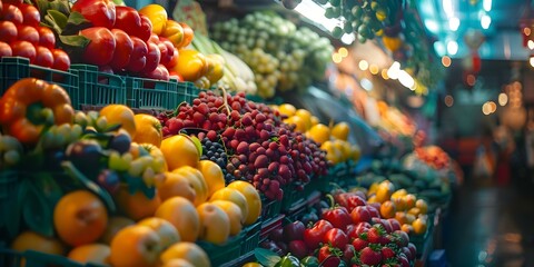 Bright Market Stall Selling Fresh and Colorful Fruits, Vegetables, and Berries. Concept Fresh Produce, Colorful Market, Vibrant Fruits, Healthy Eating, Farmer's Market