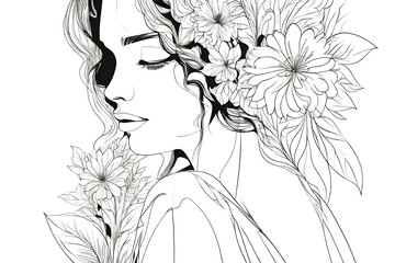Portrait of a woman's face in flowers, one line drawing.