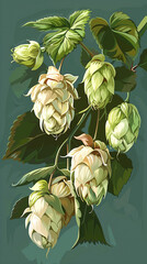 Detailed hops branch illustration in vintage style, showcasing vibrant green leaves. Perfect for nature, agriculture, brewing projects. Fresh, organic essence on dark background