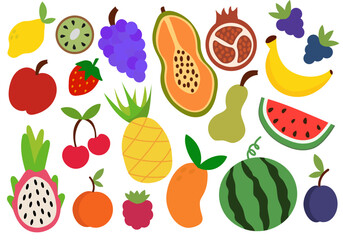 Set of fruits and berries. Concept of healthy food and products. Summer bright element for your design. Apple, pineapple, grape, papaya, dragon fruit, plum, watermelon. Vector cartoon illustration.