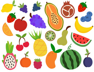 Set of fruits and berries. Concept of healthy food and products. Summer bright element for your design. Apple, pineapple, grape, papaya, dragon fruit, plum, watermelon. Vector cartoon illustration.