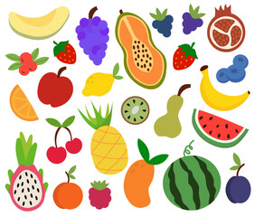 Set of fruits and berries. Concept of healthy food and products. Summer bright element for your design. Apple, pineapple, grape, papaya, dragon fruit, plum, watermelon. Vector cartoon illustration.