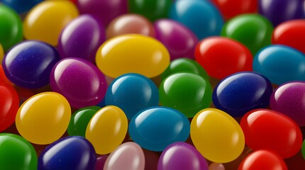 Obraz premium A vibrant assortment of jelly beans in a variety of bright, eye-catching colors including red, yellow, blue, green, and purple