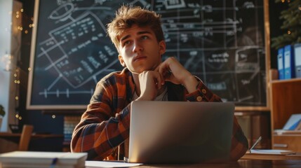 Thoughtful Student in Front of a Laptop with Chalkboard in Background - Generative AI
