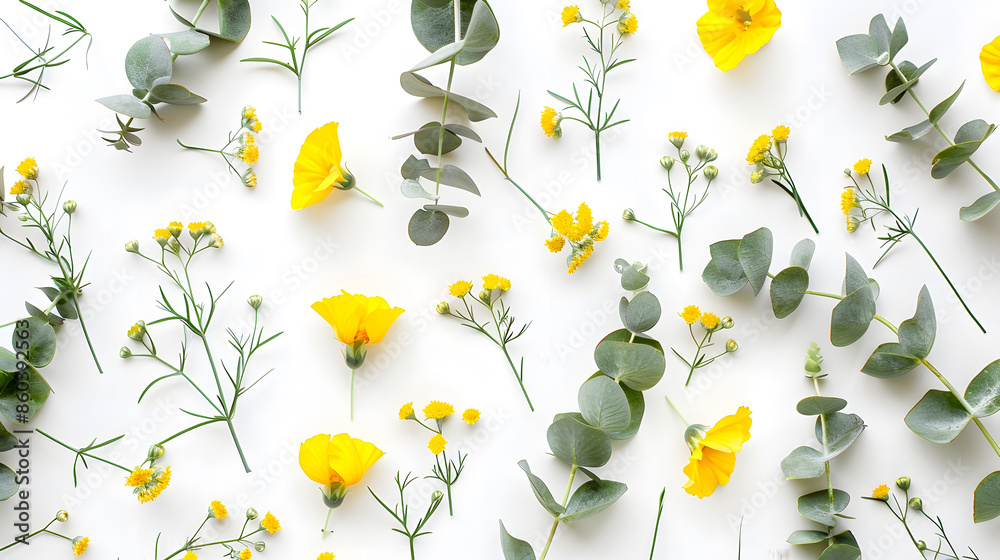 Poster flowers composition pattern made of yellow flowers and eucalyptus leaves on white background flat la
