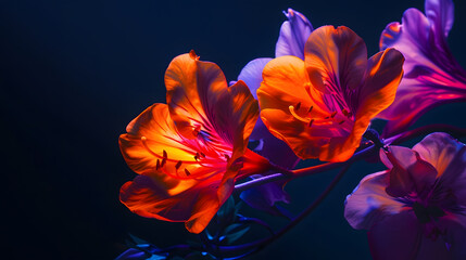 Obraz premium Spring flowers on a dark background orange and purple colors closeup studio shot : Generative AI