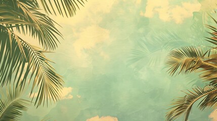 Artistic illustration of palm tree fronds reaching towards a softly colored sky, rendered in retro hues for a classic, vintage poster appearance