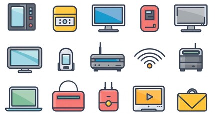 Collection of 2D icons depicting home office technology including a desktop computer a printer a scanner and a WiFi router These icons are perfect for business and productivity applications