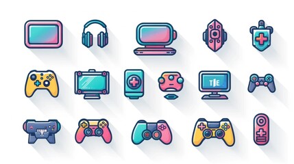 2D icons representing different types of gaming devices including a gaming console a VR headset a gaming controller and a gaming PC Each icon is designed with vibrant colors and sharp lines