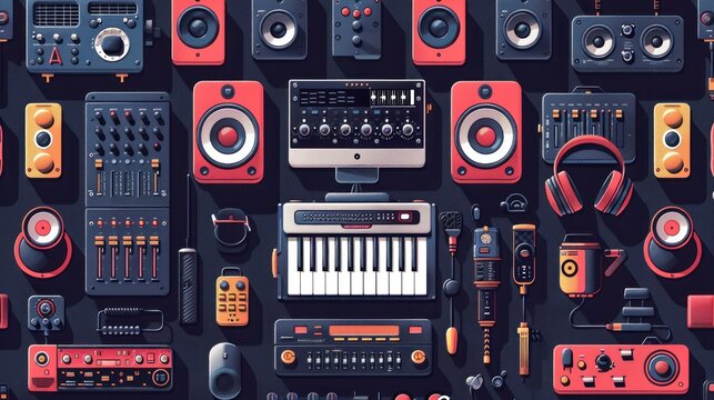 Collection of 2D icons featuring various types of audio equipment such as a microphone a set of speakers headphones and a sound mixer Each icon is crafted to suit music and audio technology content