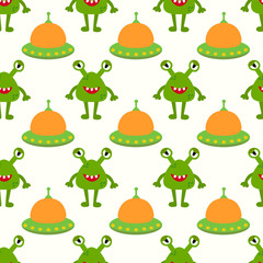 Alien spaceship, spacecrafts and UFO and Cute green alien or monster seamless pattern. Kids design. Children Cosmic ship. Vector flat illustration.