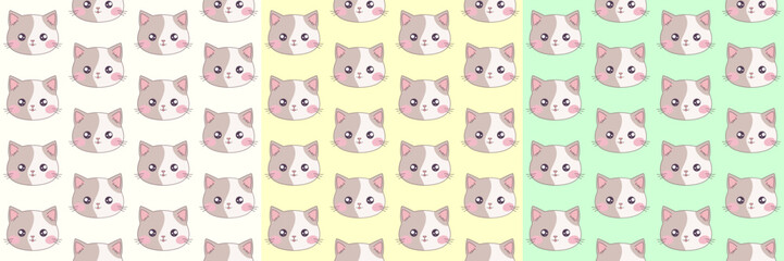 Kawaii patterns for cat day. Cute cat faces pattern. Cat seamless pattern.	