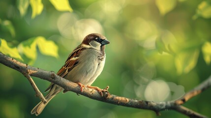 A House Sparrow Perched on a Branch in a Lush Green Forest