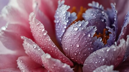 Abstract natural background with beautiful water drops on a pink and lilac petal peony close-up macro. Gentle soft elegant airy artistic image with soft focus