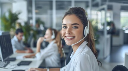 Smiling Female Call Center Operator at Work - Generative AI