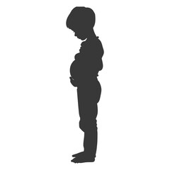 Silhouette of a Thoughtful Young Boy Hugging His Stomach.